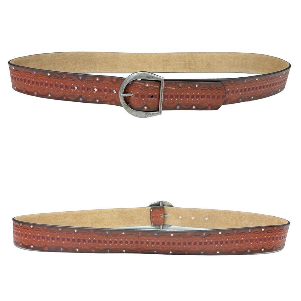 Tooled Hand Painted Faux Leather Genuine Leather Lined Brown Boho Belt XL